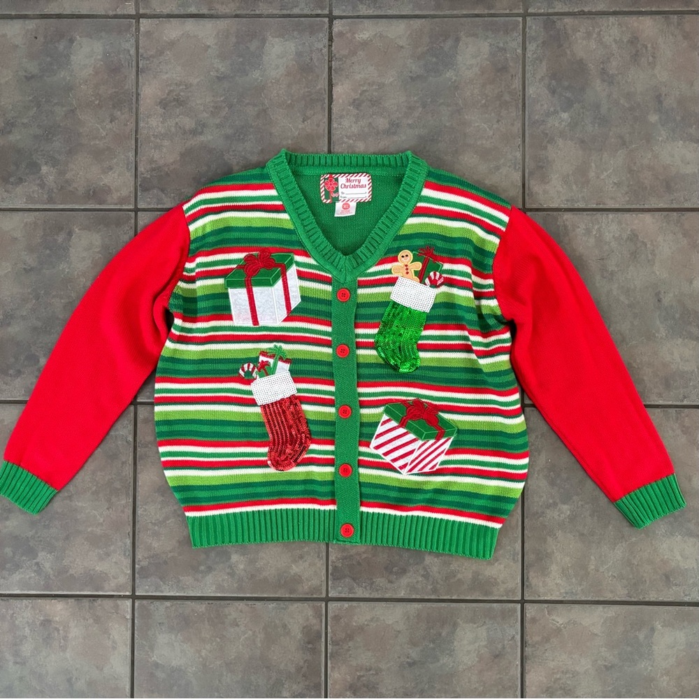 Festive Green and Red V-Neck Sweater faux cardigan